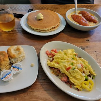 Tee Jaye's Kitchen & Spirits - Veggie Scramble, Biscuits, Sweetcream Pancakes, Hot Chicken and cheesey grits, and Mckenzie Cider - New American Near Me - Columbus, Ohio