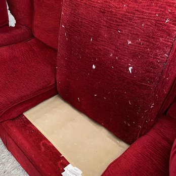 EDC Custom Made Interiors - A sample of what it really looked like under the cushions (some looked like they exploded under there!) and where the spring popped out. - Furniture Reupholstery Near Me - Los Angeles, California EDC Custom Made Interiors - A sample of what it really looked like under the cushions (some looked like they exploded under there!) and where the spring popped out. - Furniture Reupholstery Near Me - Los Angeles, California