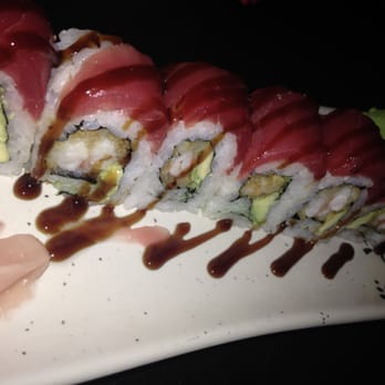 Bottle Rocket Fine Food and Beverage - The Pink Lady roll:shrimp tempura & avocado topped with tuna, tobiko, and eel sauce. Yum! - Sushi Bars Near Me - Atlanta, Georgia Bottle Rocket Fine Food and Beverage - The Pink Lady roll:shrimp tempura & avocado topped with tuna, tobiko, and eel sauce. Yum! - Sushi Bars Near Me - Atlanta, Georgia
