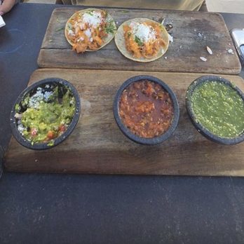 Dos Santos - Chicken tinga tacos, and the chips, salsa, and quac - Mexican Near Me - Colorado Springs, Colorado