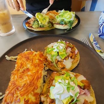 Chuponcito - Sopes desayuno and the carnitas Benedict in the back - Mexican Near Me - Aliso Viejo, California