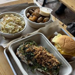 Smoked whitefish tartine, Crispy nori potatoes, Fried fish sandwichfish, Napa cabbage salad Smoked whitefish tartine, Crispy nori potatoes, Fried fish sandwichfish, Napa cabbage salad
