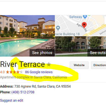 River Terrace - Compare their google review as of today 1/22/2018 and couple of days ago that I added a review ! Shrinked from 88 to 86 and my review gone - Apartments Near Me - Santa Clara, California River Terrace - Compare their google review as of today 1/22/2018 and couple of days ago that I added a review ! Shrinked from 88 to 86 and my review gone - Apartments Near Me - Santa Clara, California