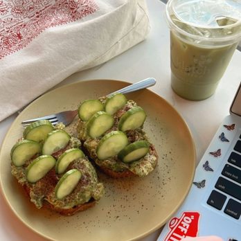 Klatch Coffee - avocado toast and almond matcha latte - Coffee & Tea Near Me - Chino Hills, California