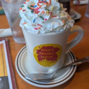 Polly's Pancake Parlor - Hot coco with whipped cream and sprinkles - Breakfast & Brunch Near Me - Sugar Hill, New Hampshire Polly's Pancake Parlor - Hot coco with whipped cream and sprinkles - Breakfast & Brunch Near Me - Sugar Hill, New Hampshire