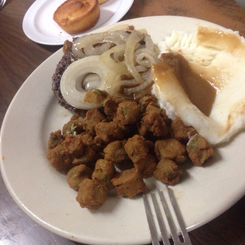 City Cafe - good ol' hamburger steak w/ mashed taters and fried okra ... No frills just simple cookin done great - American Near Me - Northport, Alabama City Cafe - good ol' hamburger steak w/ mashed taters and fried okra ... No frills just simple cookin done great - American Near Me - Northport, Alabama