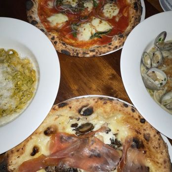 Catania - Tagliatelle alla Portofino, Margherita Pizza, Wild Mushroom Pizza with prosciutto, and Spaghetti & Clams - Pizza Near Me - San Diego, California Catania - Tagliatelle alla Portofino, Margherita Pizza, Wild Mushroom Pizza with prosciutto, and Spaghetti & Clams - Pizza Near Me - San Diego, California