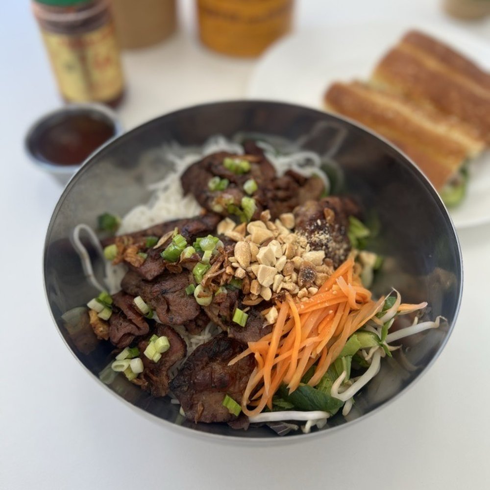 Sesame Dinette - vermicelli noodles with grilled pork + pork patty = $17 - Vietnamese Near Me - Long Beach, California Sesame Dinette - vermicelli noodles with grilled pork + pork patty = $17 - Vietnamese Near Me - Long Beach, California