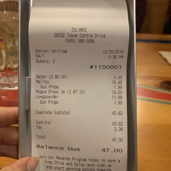 Islands Restaurant - $47.00 for 2 beers and 2 burgers is kinda expensive! - Burgers Near Me - Foothill Ranch, California Islands Restaurant - $47.00 for 2 beers and 2 burgers is kinda expensive! - Burgers Near Me - Foothill Ranch, California