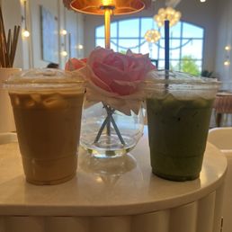 Iced latte and iced matcha with a caramel drizzle! Iced latte and iced matcha with a caramel drizzle!