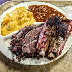 Rick's Smokehouse Barbecue - 2-meat plate with cheesy potatoes and baked beans.
