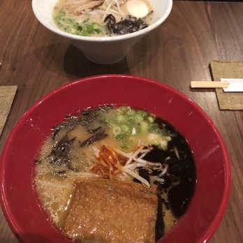 Ippudo San Francisco - classic ramen with pork in white bowl and vegetarian ramen in red bowl - Ramen Near Me - San Francisco, California