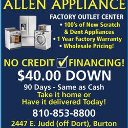 Allen Appliance Sales and Service - NO CREDIT EASY FINANCING (only need a Checking account).
