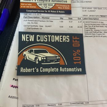 Robert's Complete Automotive - 10% off coupon for new customers - Auto Repair Near Me - Mesa, Arizona Robert's Complete Automotive - 10% off coupon for new customers - Auto Repair Near Me - Mesa, Arizona