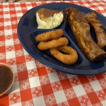 Prissy Polly's Bar-B-Que - 2 Ribs Basket, Mashed Potatoes with Brown Gravy, Hushpuppies - Barbeque Near Me - Kernersville, North Carolina