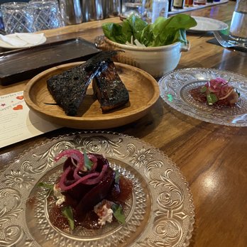 Barley Swine - Crudo (mine was beets due to pregnancy) and kanpachi lettuce wrap ribs add on - New American Near Me - Austin, Texas Barley Swine - Crudo (mine was beets due to pregnancy) and kanpachi lettuce wrap ribs add on - New American Near Me - Austin, Texas