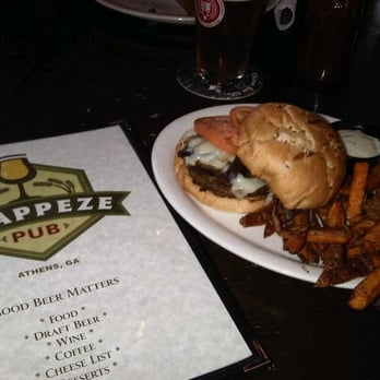 Trappeze Pub - Angus burger with extra tomatoes, sweet potato fries - Bars Near Me - Athens, Georgia Trappeze Pub - Angus burger with extra tomatoes, sweet potato fries - Bars Near Me - Athens, Georgia