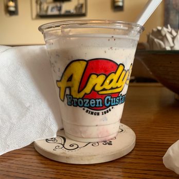 Andy's Frozen Custard - "Snow monster" with one sad streak of strawberry and no real strawberries to be found - Ice Cream & Frozen Yogurt Near Me - Lee's Summit, Missouri