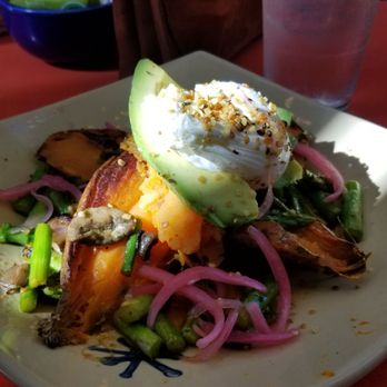 Snooze, an A.M. Eatery - Sweet potato with pickled onions, asparagus, mushroom, & avocado topped with poached egg and dressed with a sriracha maple syrup - Breakfast & Brunch Near Me - Denver, Colorado Snooze, an A.M. Eatery - Sweet potato with pickled onions, asparagus, mushroom, & avocado topped with poached egg and dressed with a sriracha maple syrup - Breakfast & Brunch Near Me - Denver, Colorado