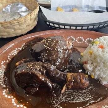 El Epazote Cocina Regional - Mole negro with rice and super fresh tortillas. Spicy sweet and smoky - Mexican Near Me - Madera, California