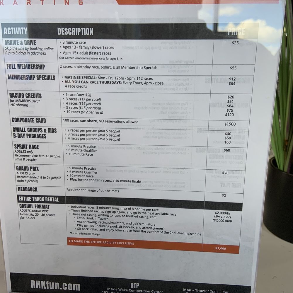 RushHour Karting - RTP - Pricing Sheet - Go Karts Near Me - Morrisville, North Carolina RushHour Karting - RTP - Pricing Sheet - Go Karts Near Me - Morrisville, North Carolina