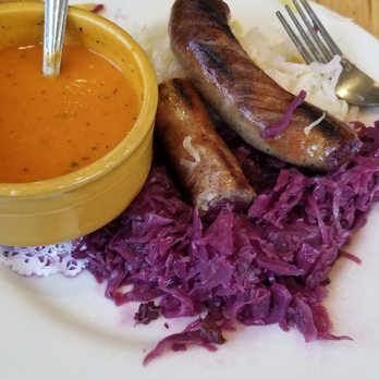 Priest Station Cafe - Bratwurst, red cabbage, sauerkraut & side of homemade tomatoe basil soup! Hubby ordered the Ca.burger & homemade chips and ranch. So good! - American Near Me - Big Oak Flat, California Priest Station Cafe - Bratwurst, red cabbage, sauerkraut & side of homemade tomatoe basil soup! Hubby ordered the Ca.burger & homemade chips and ranch. So good! - American Near Me - Big Oak Flat, California