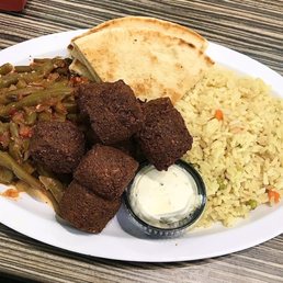 Falafel platter (w/ rice, green beans, pita bread, & taziki sauce)