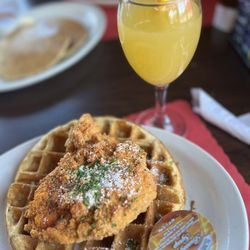 Rush Creekside Inn - Chicken and waffles and mimosa: a must try!