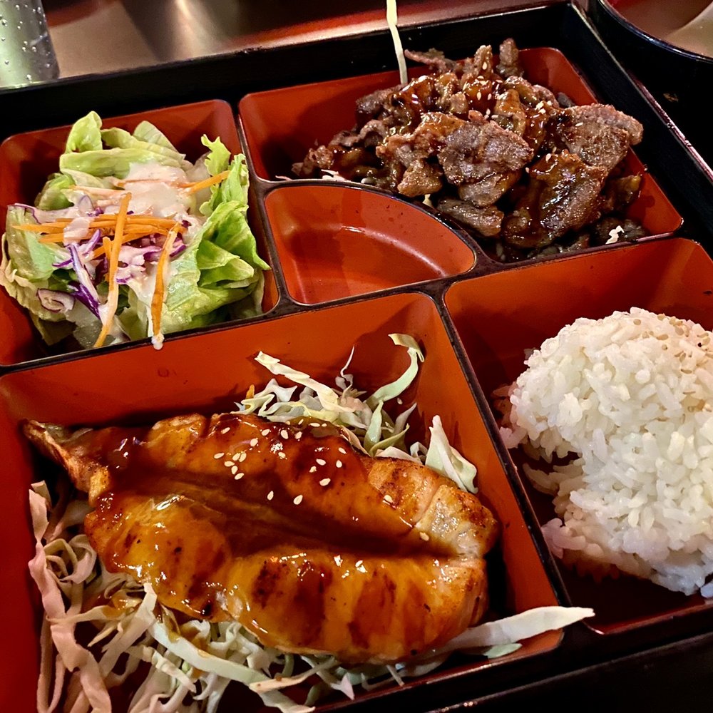 Crazy Sushi - 10.16.21 2-item Bento Box - beef and salmon teriyaki - Sushi Bars Near Me - Rocklin, California