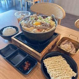 Sukiyaki with side of pork intestine and black tea Sukiyaki with side of pork intestine and black tea