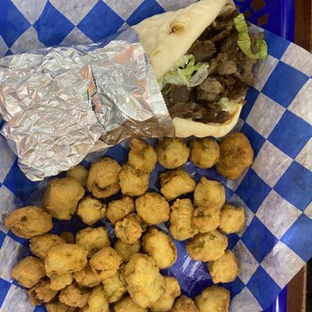 Aladdin's cafe - Gyro pita with a side of breaded okra. - Sandwiches Near Me - Knoxville, Tennessee Aladdin's cafe - Gyro pita with a side of breaded okra. - Sandwiches Near Me - Knoxville, Tennessee