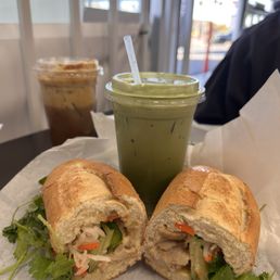 Grilled chicken banh mi, banana matcha and egg coffee. Grilled chicken banh mi, banana matcha and egg coffee.
