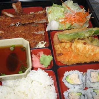 Sushi Cuisine - Bento - Tonkatsu (breaded pork cutlets), vegetable tempura, California rolls, salad, rice and miso soup - Sushi Bars Near Me - Turlock, California Sushi Cuisine - Bento - Tonkatsu (breaded pork cutlets), vegetable tempura, California rolls, salad, rice and miso soup - Sushi Bars Near Me - Turlock, California