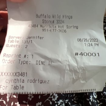 Buffalo Wild Wings - Receipt - Jennifer server - Chicken Wings Near Me - Murrieta, California Buffalo Wild Wings - Receipt - Jennifer server - Chicken Wings Near Me - Murrieta, California