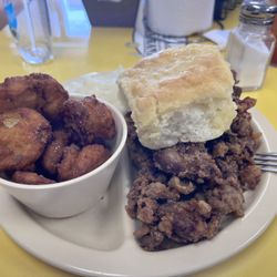 Sugar Biscuits - Chicken livers, fried squash, mashed potatoes, biscuit, and sweet tea