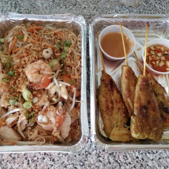 Mango II Thai Cuisine - Pad Thai on left; Chicken Satay on right (take-out order) - Thai Near Me - Tewksbury, Massachusetts