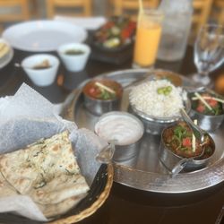 Ambrosia India Bistro - Aptos - Garlic Naan, White Rice, Mulligatwanny Soup, Vegan Aloo Jeera, Vegan Chana Masala, Raita Salad