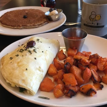 Sleepy Bee Cafe - Oakley - Blue bee Pancake and Greek Bee omelet with roasted sweet potatoes. House made ketchup was awesome - Breakfast & Brunch Near Me - Cincinnati, Ohio
