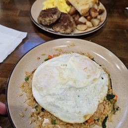 2 egg breakfast with green Chile sausage and pork belly fried rice