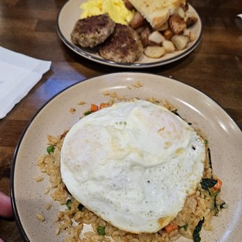 Mojo’s Eatery - 2 egg breakfast with green Chile sausage and pork belly fried rice - Cafes Near Me - Salida, Colorado