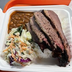 Sunset Texas Barbecue - Brisket plate with rice, cole slaw, and baked beans.
