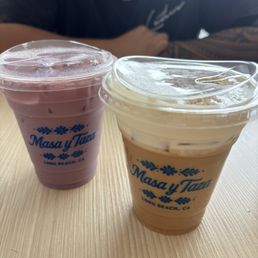 Jamaica milk tea and mazapán banana latte