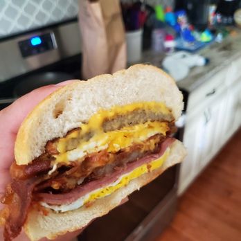 Panini Bistro - Belly buster breakfast sandwich (from top to bottom: cheese,sausage,egg,bacon,hash brown, pork roll, egg) - Salad Near Me - Spotswood, New Jersey