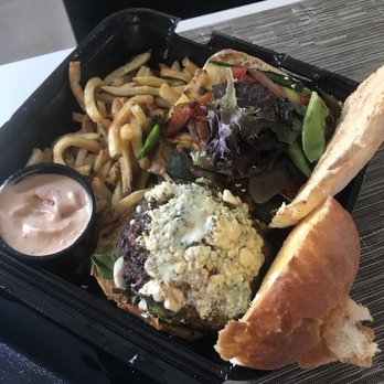 Smoqehouse - Brisket burger w bleu ch crumbles, greens & Cajun sauce (use it!)...veggie sand. (amazing roll!), & delicious fries (crispy)! - Barbeque Near Me - Bradenton Beach, Florida Smoqehouse - Brisket burger w bleu ch crumbles, greens & Cajun sauce (use it!)...veggie sand. (amazing roll!), & delicious fries (crispy)! - Barbeque Near Me - Bradenton Beach, Florida