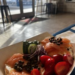 Rhubarb & Elliott Cafe - Sesame bagel with the works