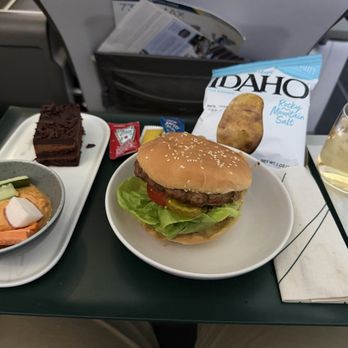 Alaska Airlines - Their famous cheeseburger w chips, humus and chocolate cake - Airlines Near Me - Seattle, Washington