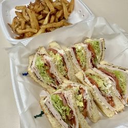 Club sandwich and fries