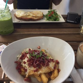 Café Bea - French fries with Serrano ham, eggs, and truffle oil. - Cafes Near Me - Miami, Florida