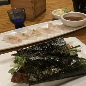 Azuma Sushi & Robata Grill - Kanpachi Yuzu, Samon skin roll & Wakatake "onikoroshi" sake - Sushi Bars Near Me - Houston, Texas Azuma Sushi & Robata Grill - Kanpachi Yuzu, Samon skin roll & Wakatake "onikoroshi" sake - Sushi Bars Near Me - Houston, Texas