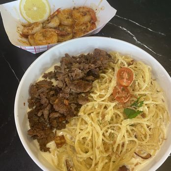 The Cream - Bulgogi beef carbonara with a side of grilled shrimp - Korean Near Me - Duluth, Georgia The Cream - Bulgogi beef carbonara with a side of grilled shrimp - Korean Near Me - Duluth, Georgia